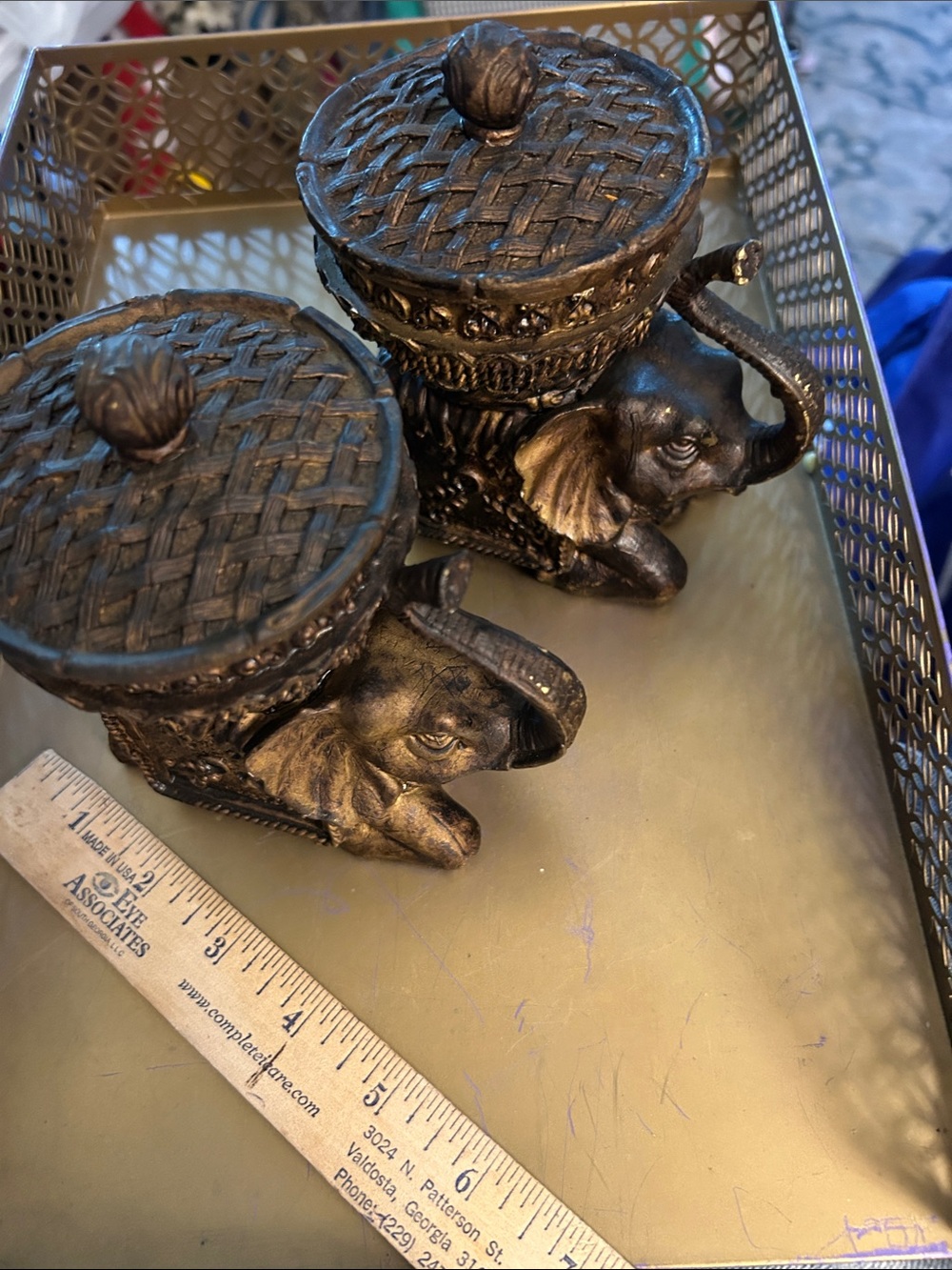 Decorative Bronze-Colored Resin Elephant Trinket Boxes with Lidded Tops